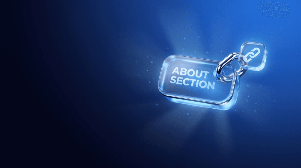 The YouTube About section one-link rule shown as a single glowing chain link on deep navy