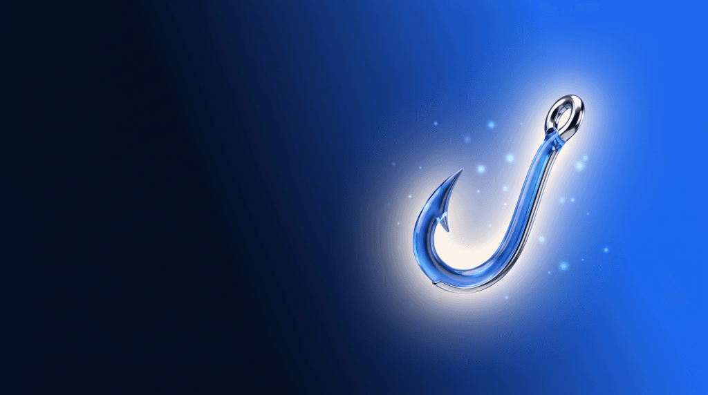 Writing a YouTube hook shown as a glowing hook icon pulling a viewer back from clicking away on deep navy