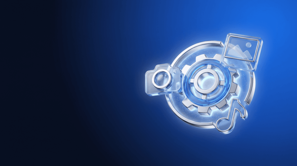Repurposing your content engine for any platform shown as a central gear orbited by camera, photo and music icons on deep navy