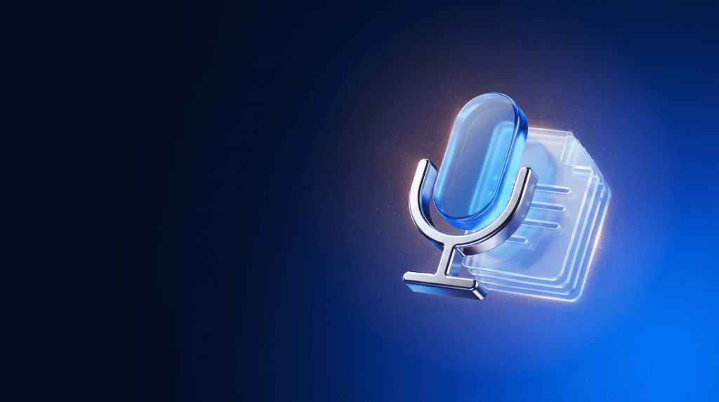 Voice-note-first YouTube scripting workflow shown as a microphone feeding glass workflow icons on deep navy