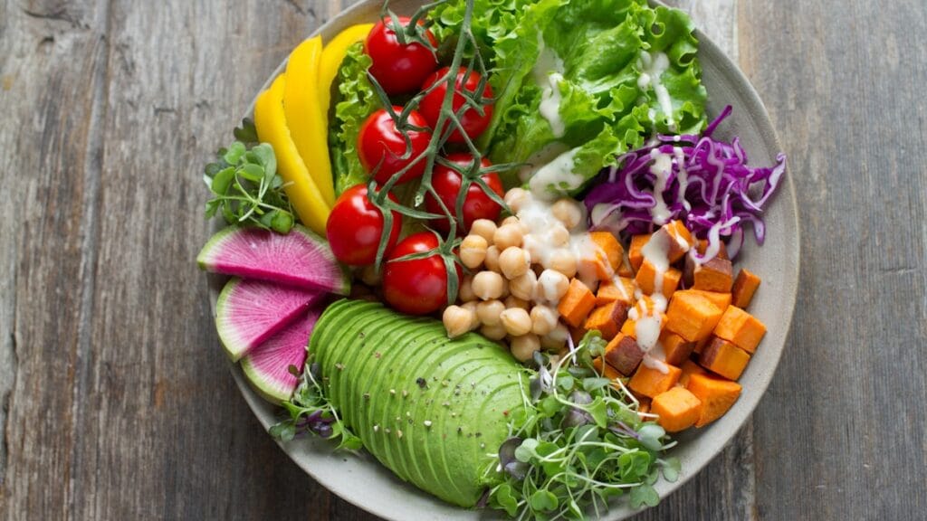 An overhead photo of a healthy meal on a plate
