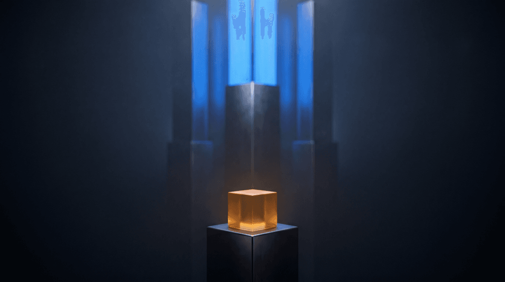 Abstract glowing amber cube on a plinth before a towering cold blue monolith
