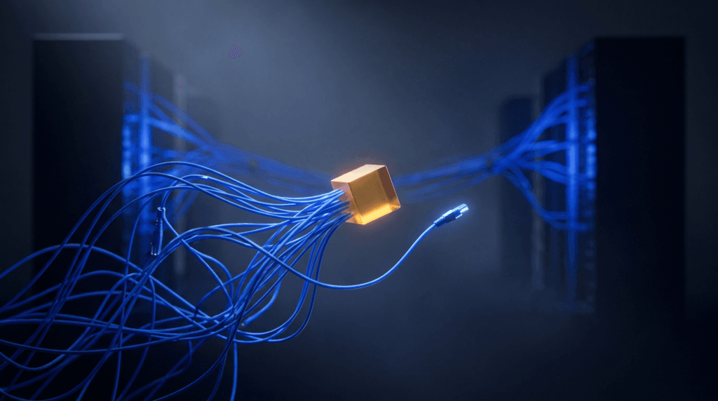 Glowing amber cube detaching from a tangle of blue cables reaching to distant monoliths