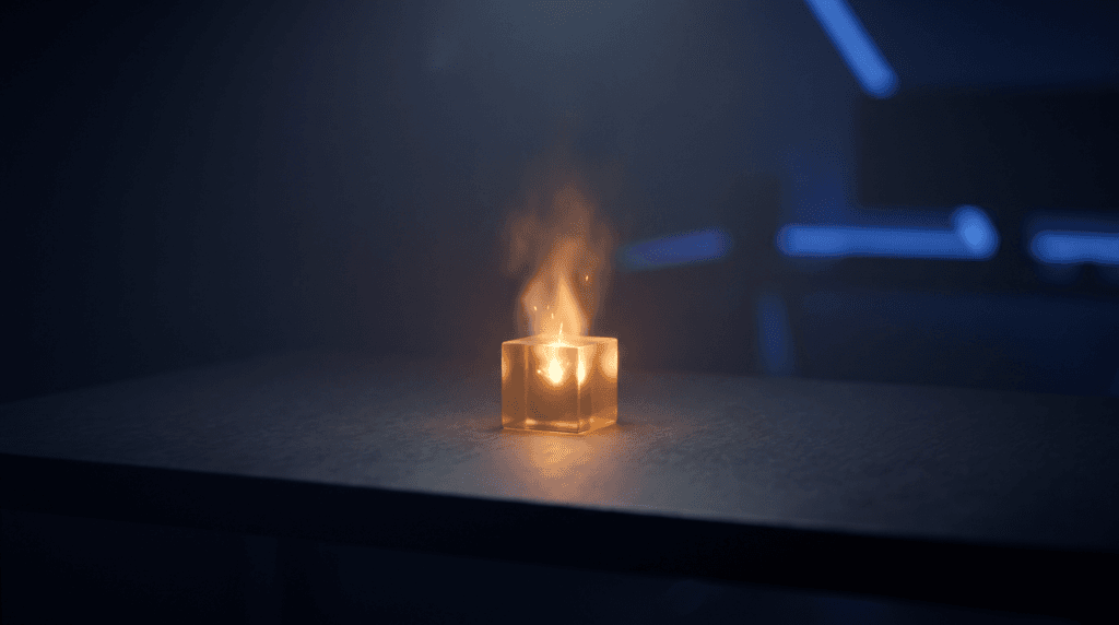 Small amber cube igniting for the first time on a bare desk