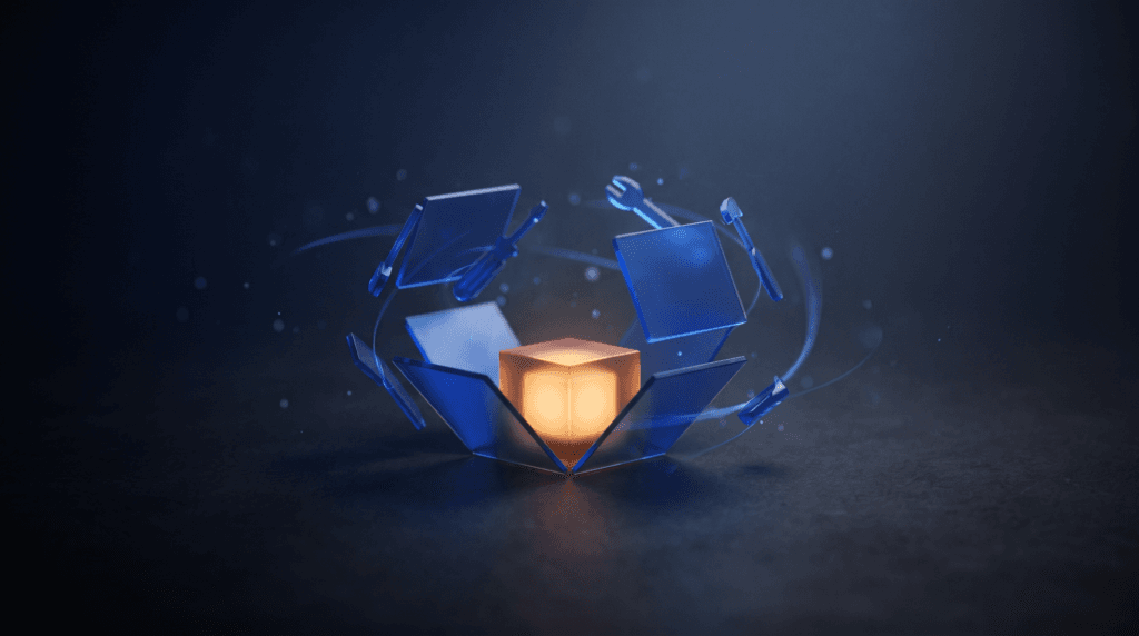 Amber cube unfolding open like a workspace with tool shapes orbiting it