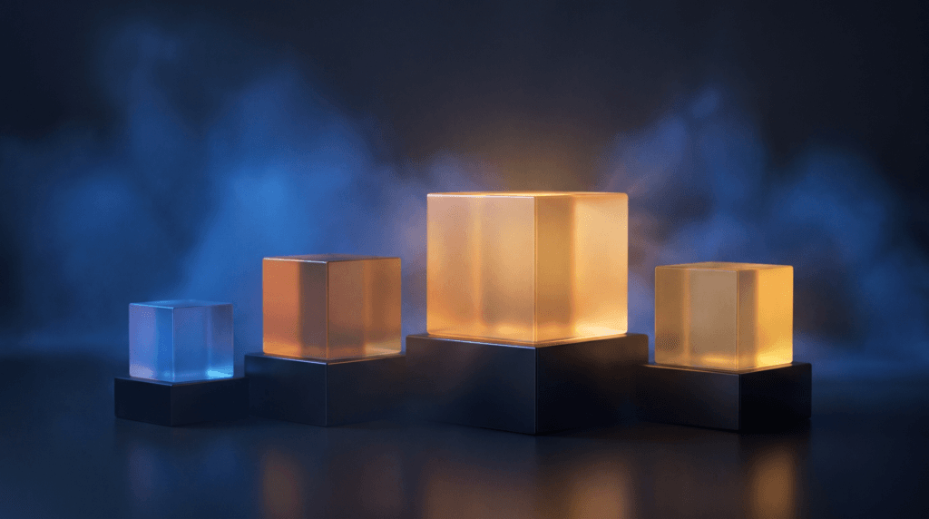 Four glowing cubes of different colours on black plinths, the warmest one central
