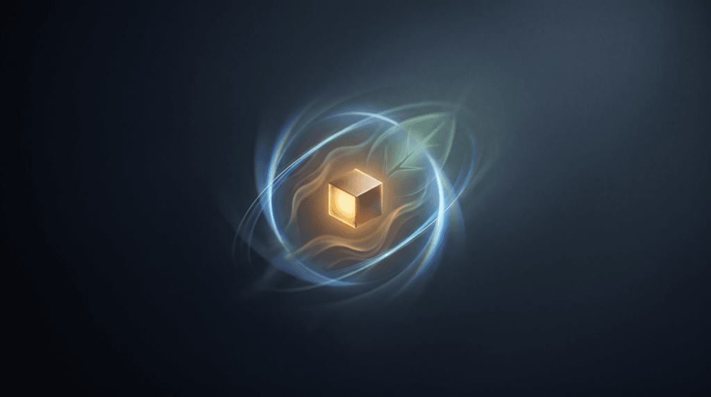 Amber cube powered by an abstract solar glow with a green leaf motif