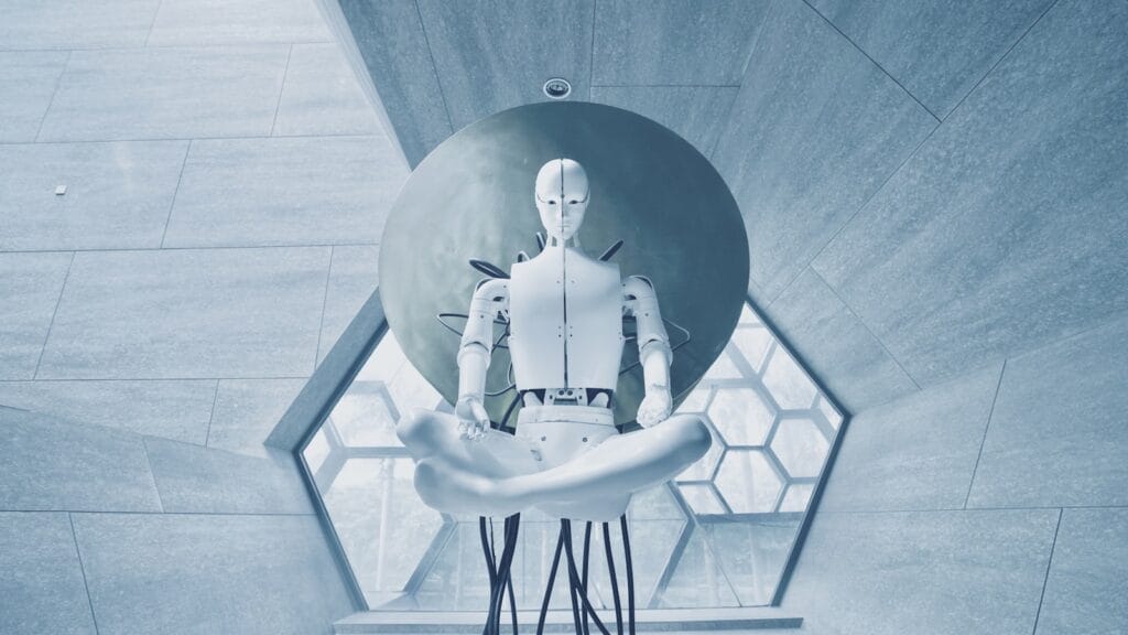 A humanoid robot representing Tesla Optimus and Figure factory deployments