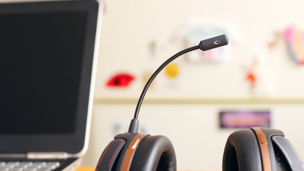 A call-centre headset resting on a desk