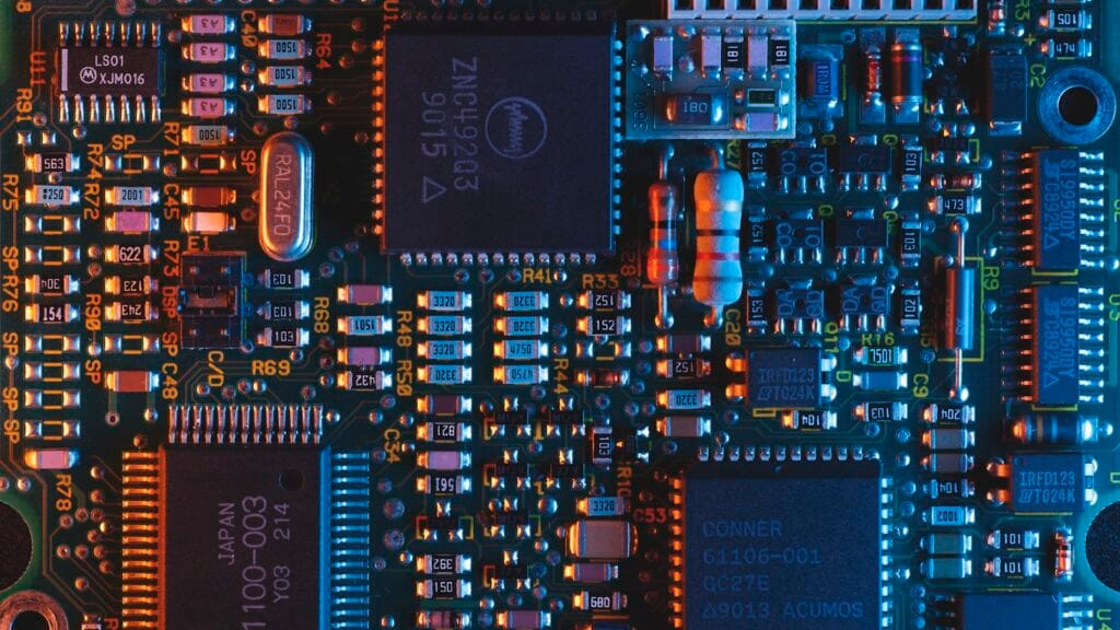 Close-up of a semiconductor chip on a circuit board